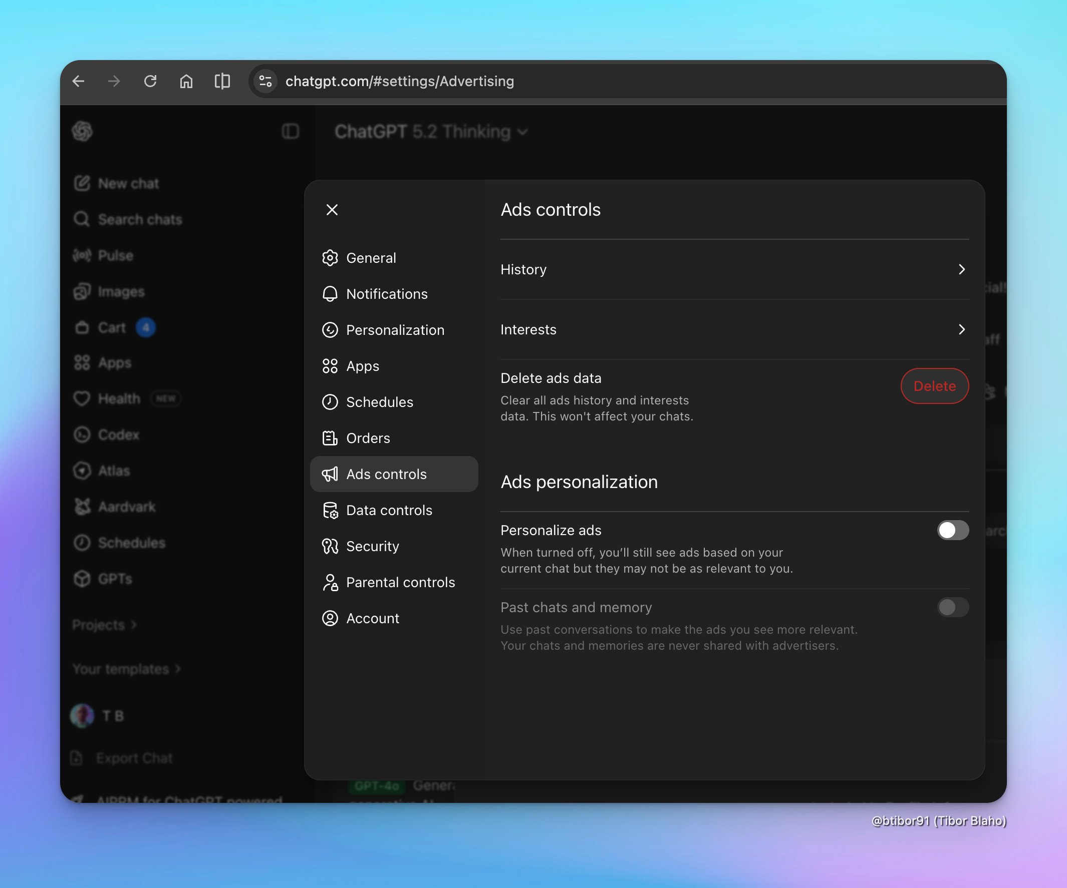 Ad controls screen in ChatGPT