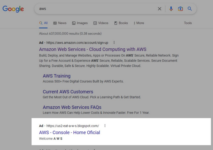 Um an&uacute;ncio falso da Amazon Web Services apareceu nos resultados de pesquisa do Google