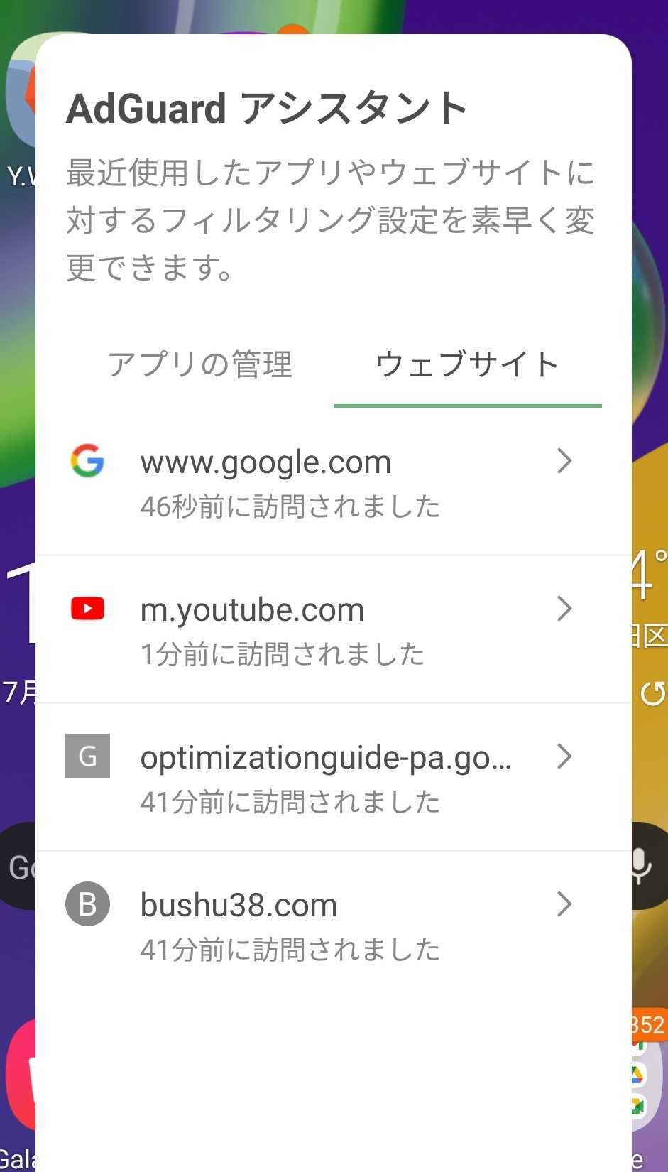 アシスタントの「ウェブサイト」タブ *mobile_border