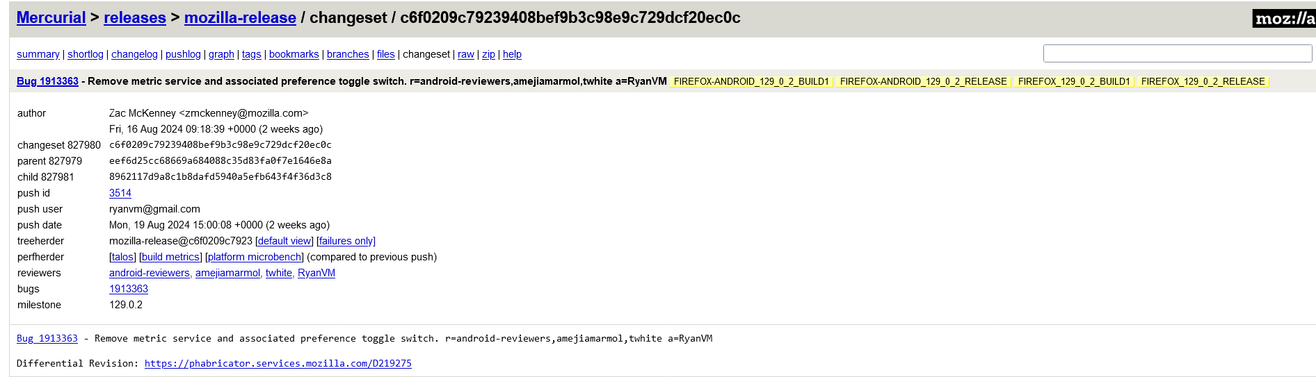 MozillaのFirefoxブラウザリリースブランチ用Mercurialリポジトリのスクリーンショット