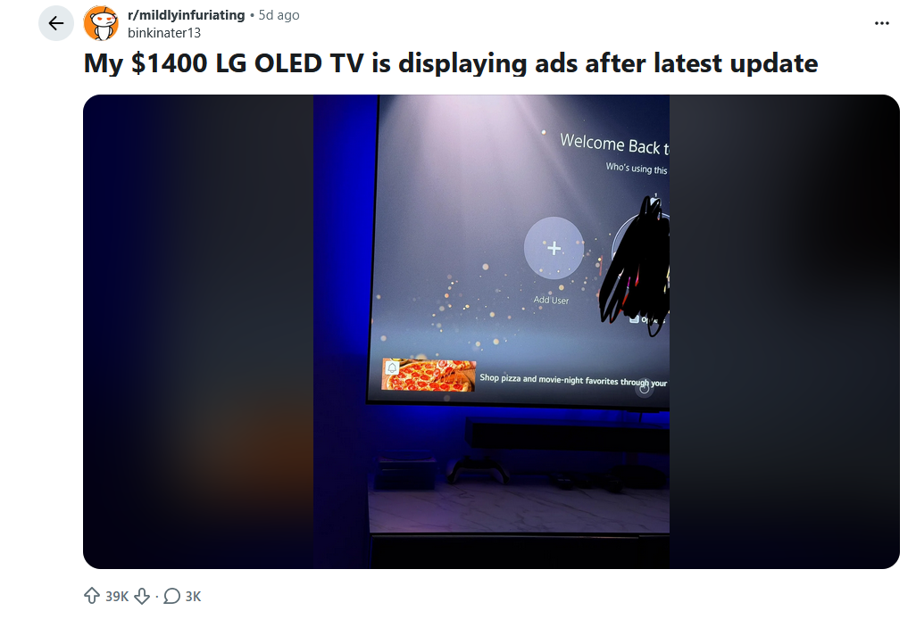 PS에 연결하면 LG OLED TV에 광고가 표시됩니다