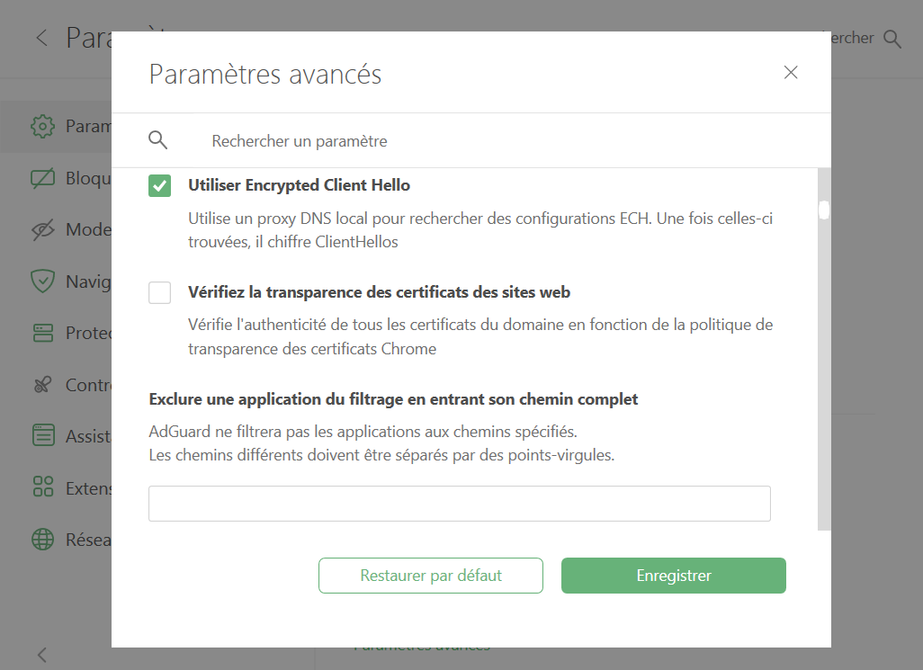 Param&egrave;tres avanc&eacute;s