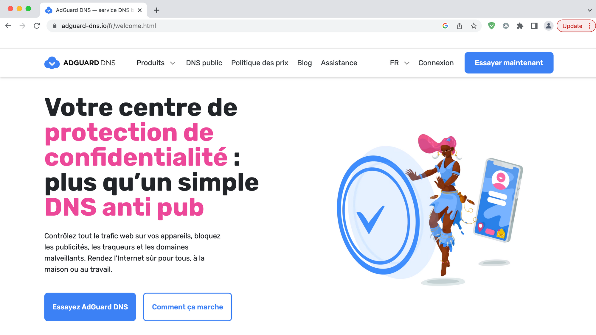 Prise d'&eacute;cran avec le bouton Blog de AdGuard DNS