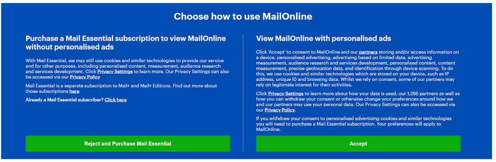 Mail Onlineの「有料購読または同意」メッセージ
