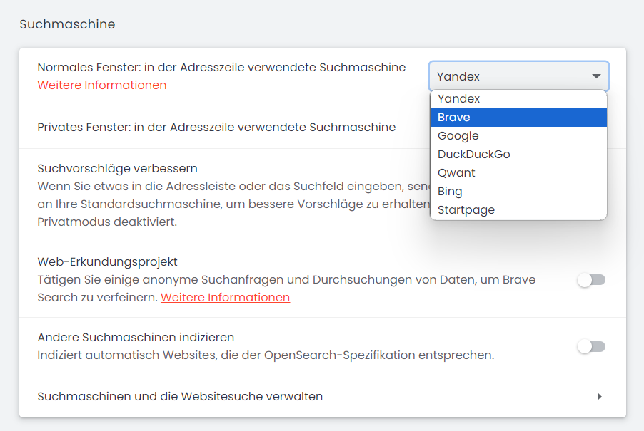 Brave: Suchmaschine