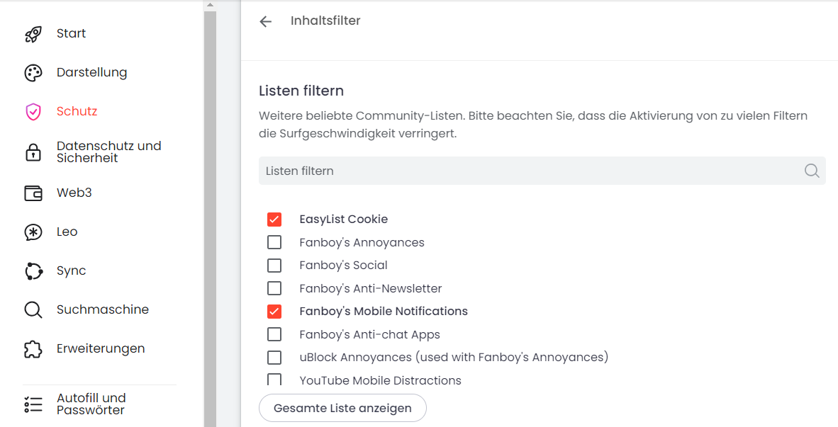 Brave: Filterlisten