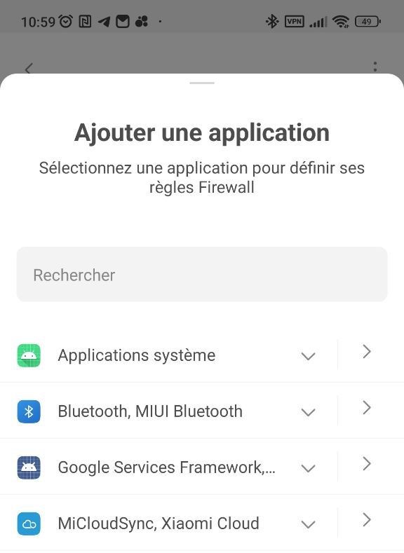 Ajout d'une app aux règles personnalisées *mobile_border