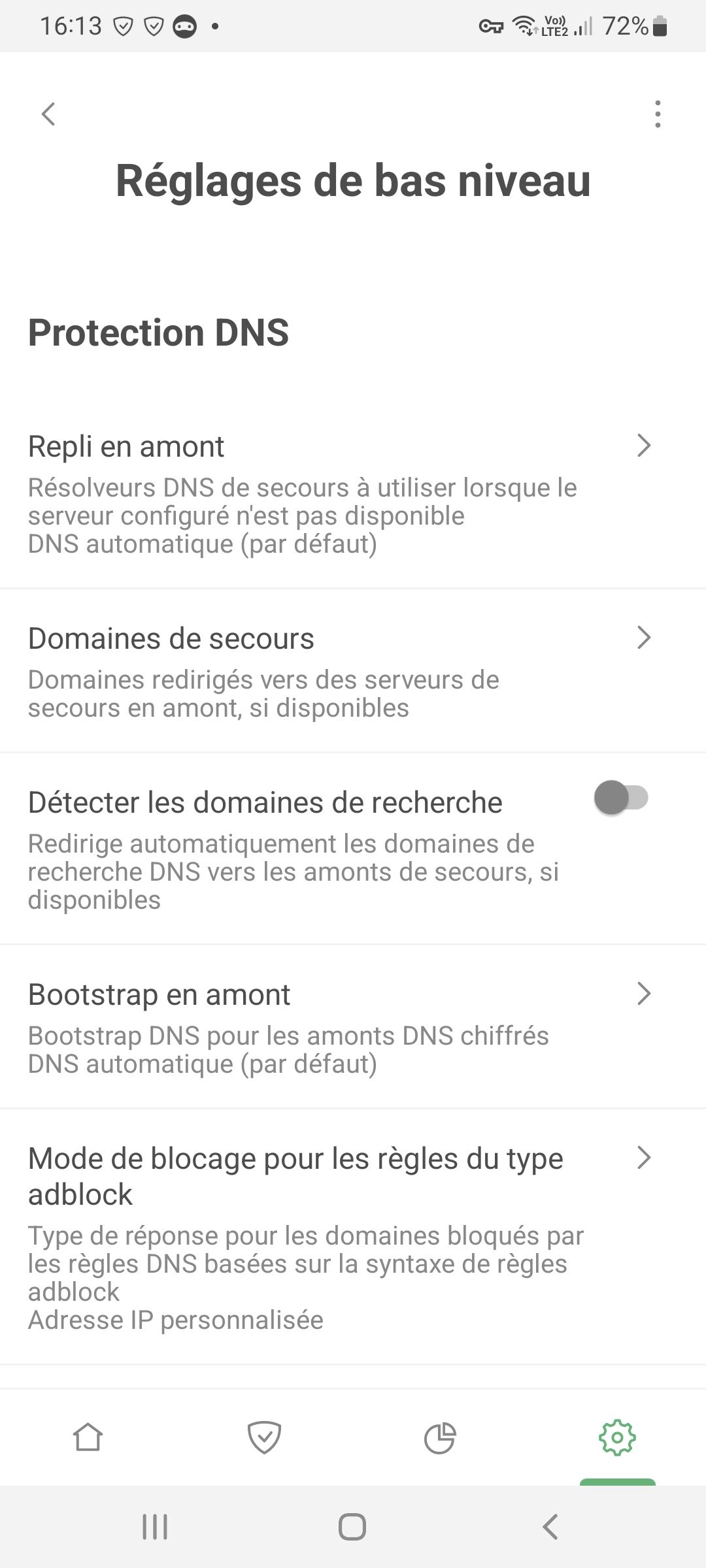 Nouvel &eacute;cran des param&egrave;tres de bas niveau