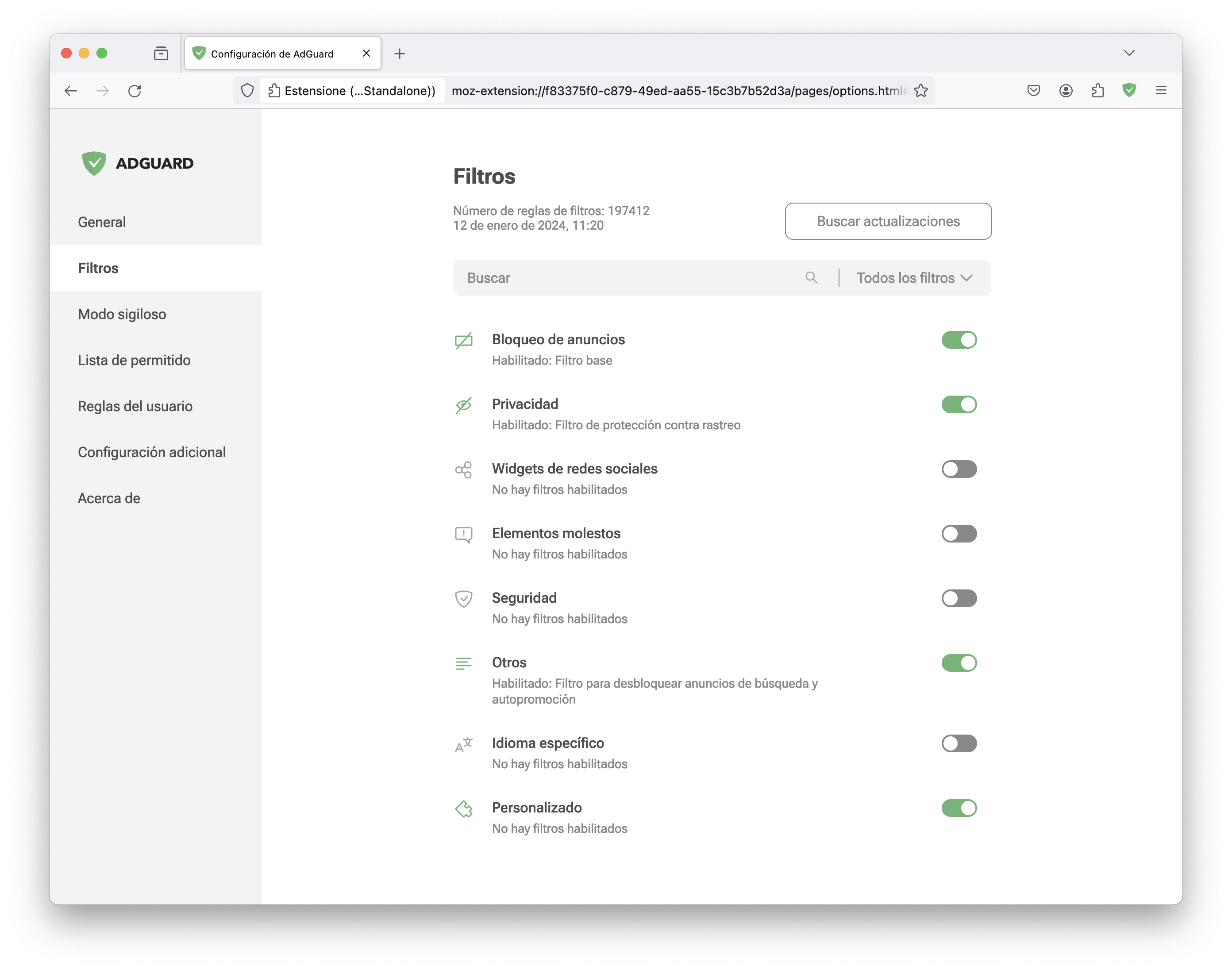Actualización de filtros