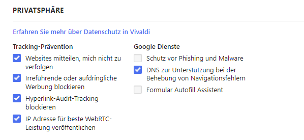 Vivaldi: Google Dienste